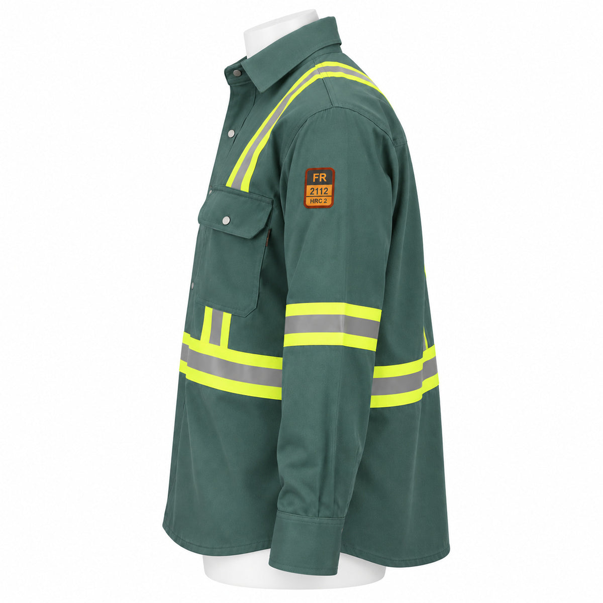FR Hi-Vis Pearl Snap Work Shirt – Bottle Green – side view on mannequin