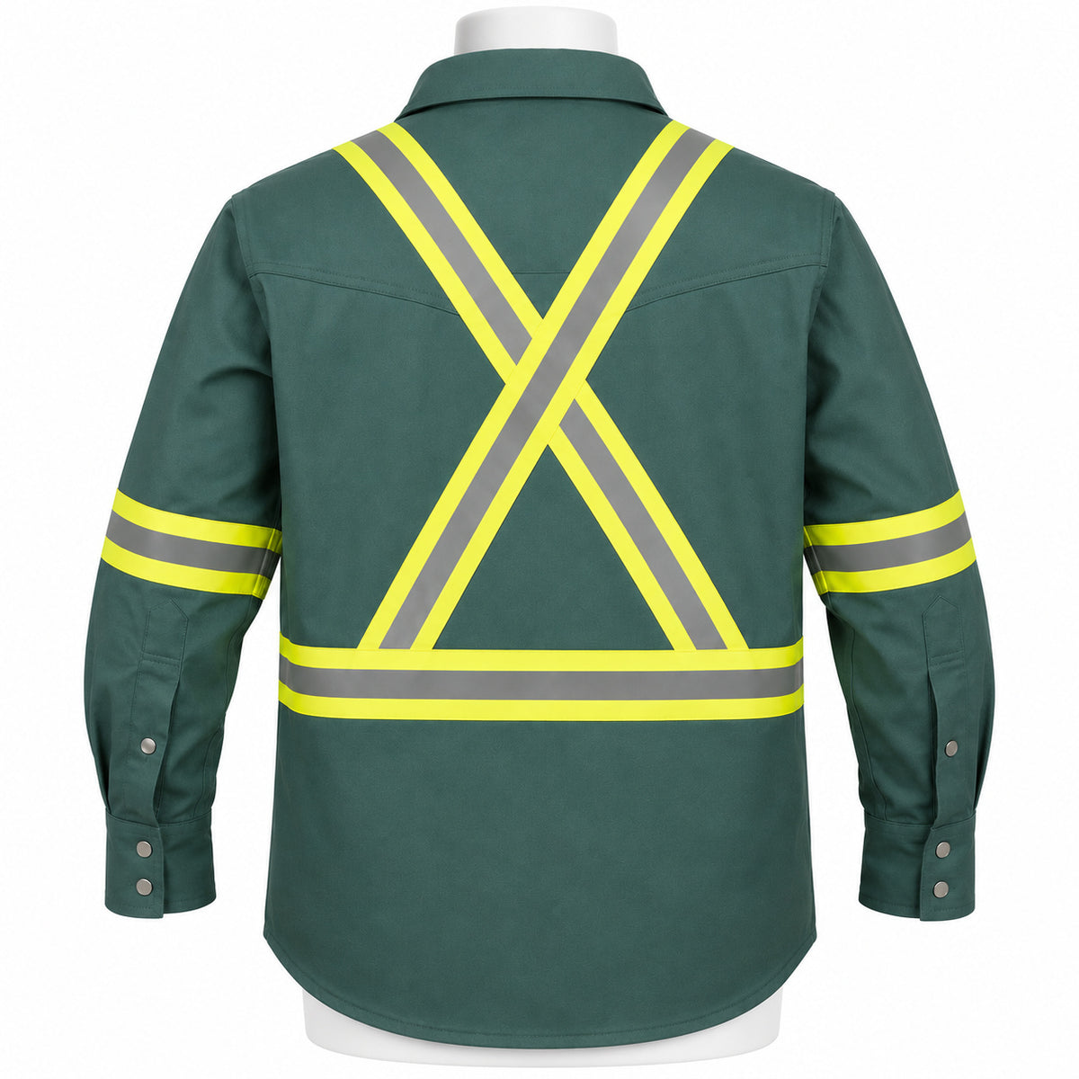 FR Hi-Vis Pearl Snap Work Shirt – Bottle Green – back view on mannequin