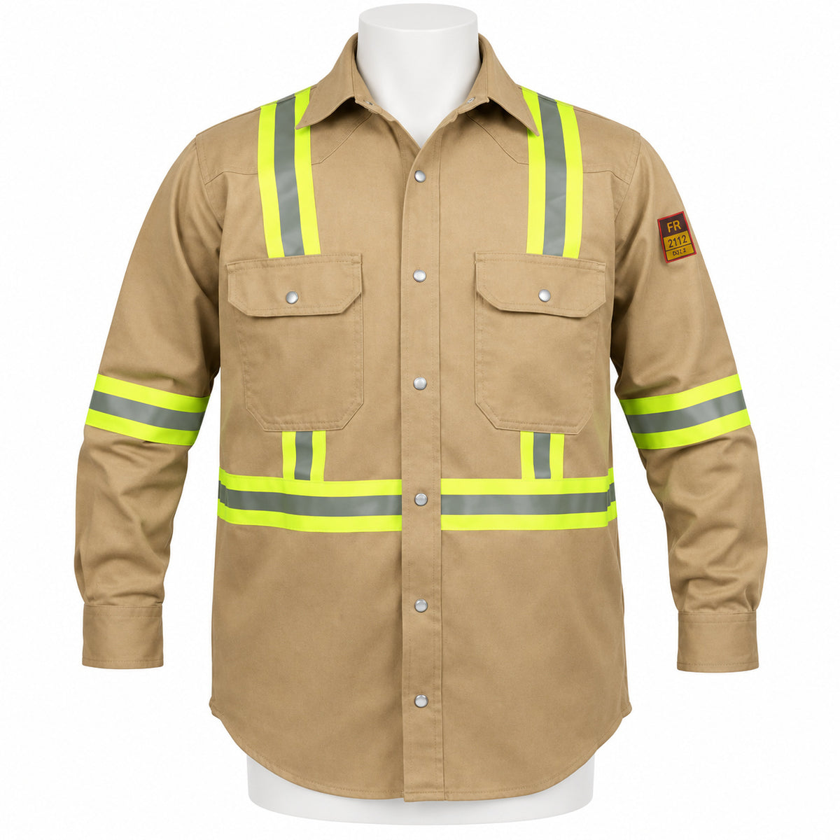 FR Hi-Vis Pearl Snap Work Shirt – Khaki – front view on mannequin