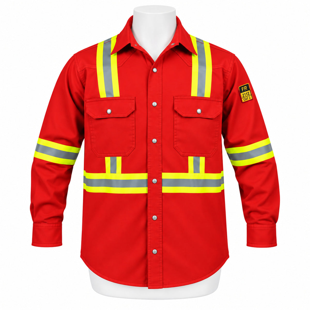 FR Hi-Vis Pearl Snap Work Shirt – Red – front view on mannequin
