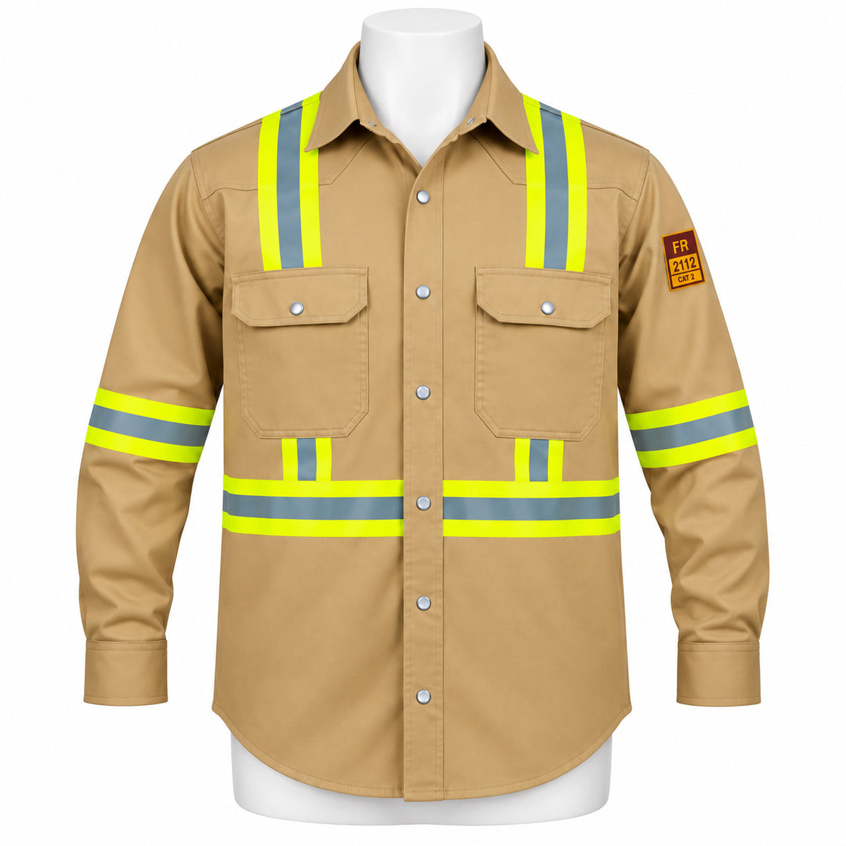 FR Hi-Vis Pearl Snap Work Shirt – Khaki – front view on mannequin