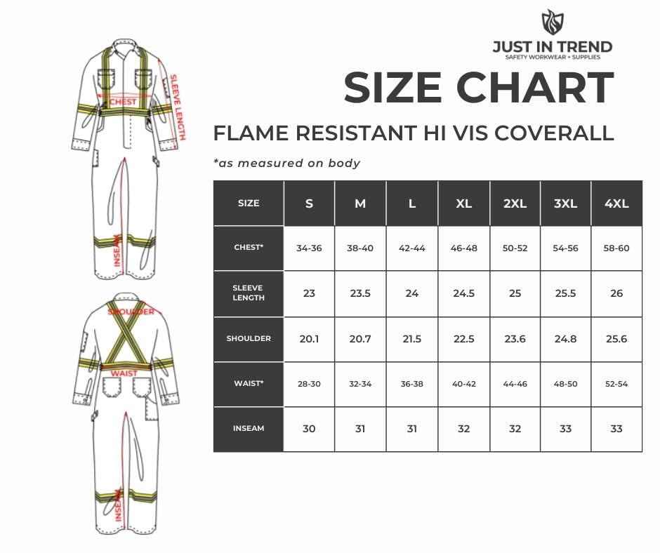 FR Hi-Vis Coverall with Leg Zippers – size chart