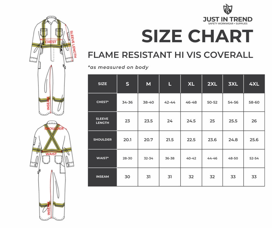 FR Hi-Vis Coverall – size chart
